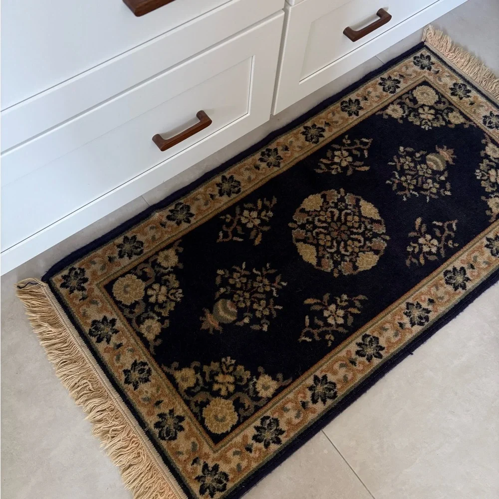 Vintage Persian Rug Elegant Navy and Cream Floral Rug